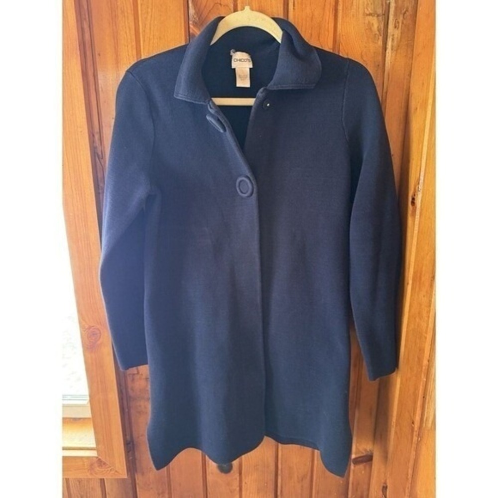 Chico's‎ Navy Blue Long Cardigan Sweater Coat Button Front Classic Knit